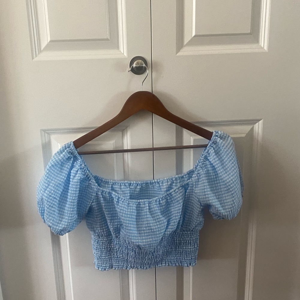 FREE W PURCHASE !!! Blue Gingham Puff Sleeve Top